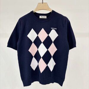 Miu Miu Navy Argyle Knit Short Sleeve Sweater Top Pink & White Diamond Pattern